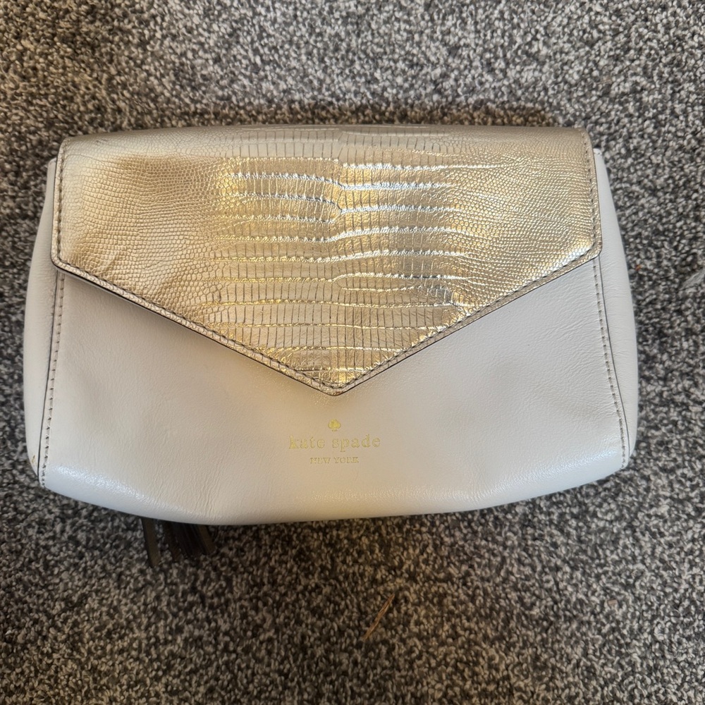 Kate Spade New York Cream Ivory Leather Clutch Gold Lizard Embossed Flap Bag
